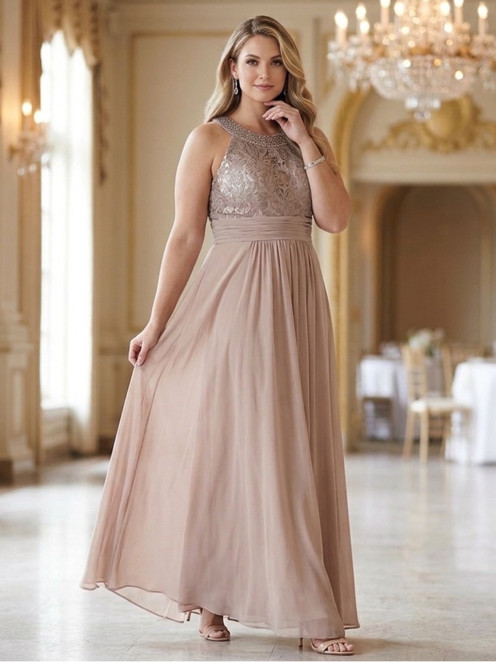 Eliza J. Women’s Being Peach Maxi Dress Gown Plus Size 20W Beaded Formal Wedding